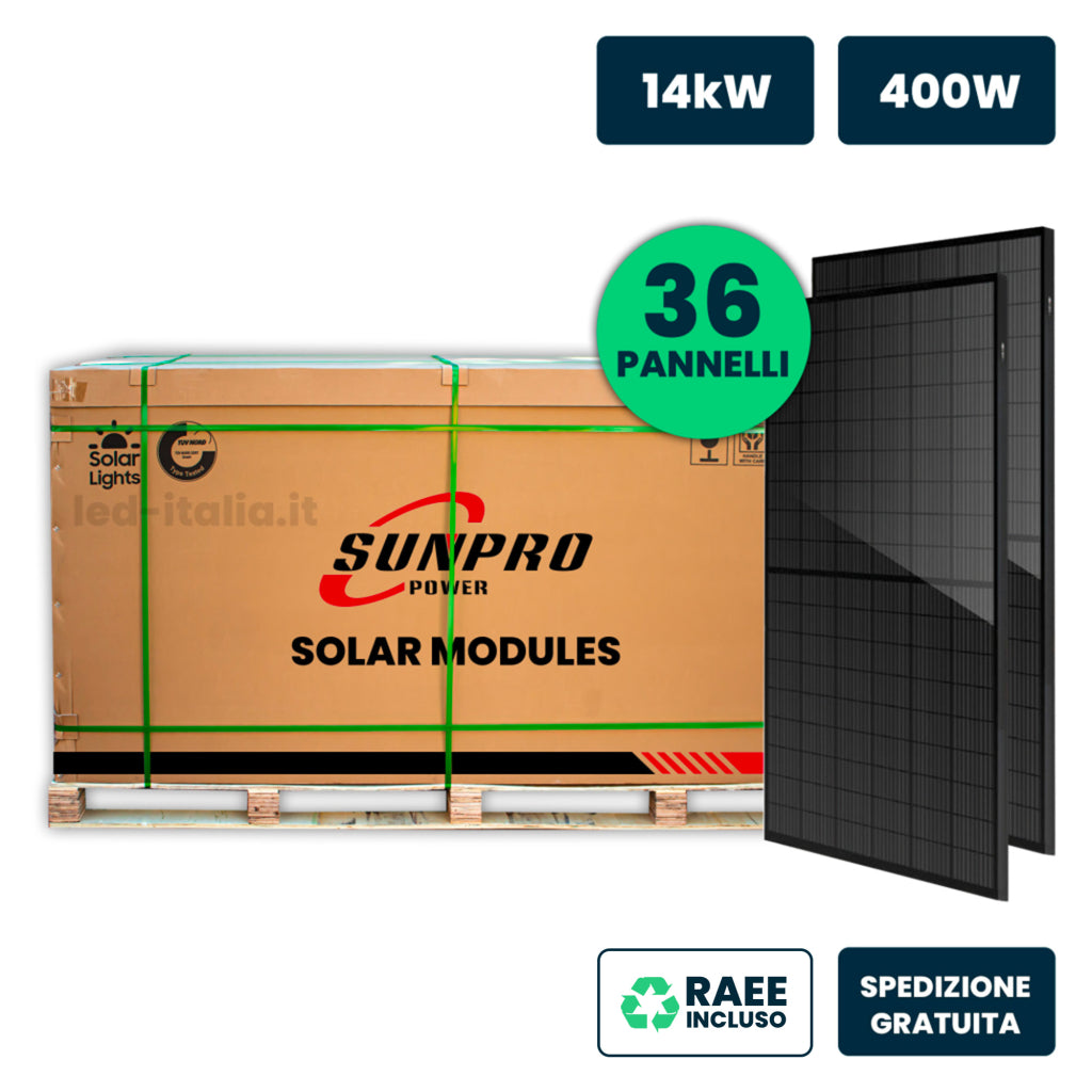 V-TAC Bancale 14kW con 36 Moduli Fotovoltaici SUNPRO TIER-1 da 400W Classe 1 Monocristallini Full Black IP67/IP68 (SKU 11897) V-TAC Bancale 14kW con 36 Moduli Fotovoltaici SUNPRO TIER-1 da 400W Classe 1 Monocristallini Full Black IP67/IP68 (SKU 11897)